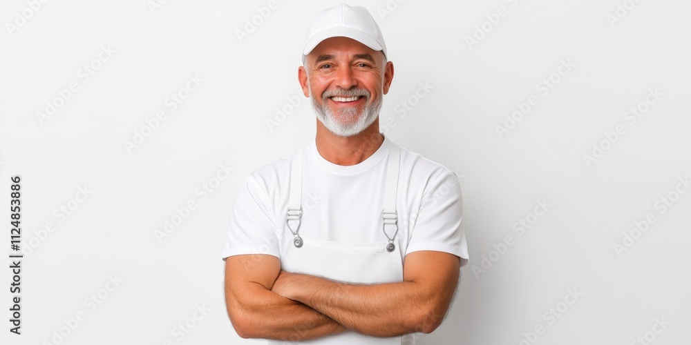 A man with a white shirt and a white hat is smiling. He is wearing an apron and has his arms crossed A man with a white shirt and a white hat is smiling. He is wearing an apron and has his arms crossed