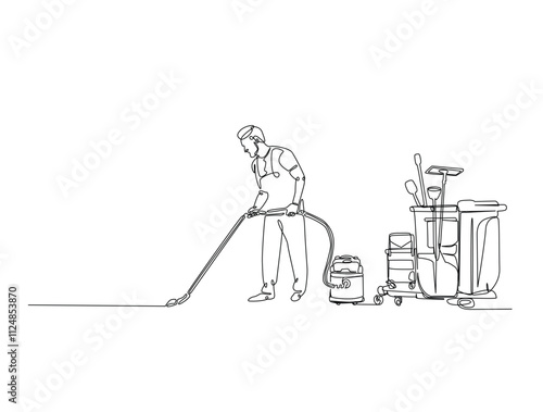 Continuous one line drawing of Janitor cleaning area with vacuum cleaner. Cleaning service worker in single line draw vector illustration. Editable vector.