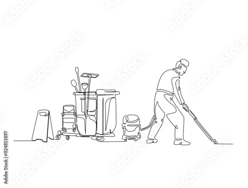 Continuous one line drawing of Janitor cleaning area with vacuum cleaner. Cleaning service worker in single line draw vector illustration. Editable vector.