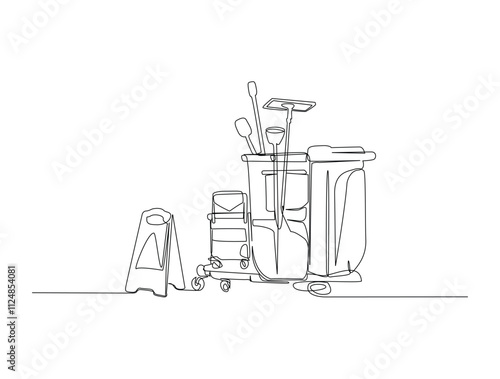 Continuous one line drawing of Janitor cleaning equiptment. Wet floor caution, mop, vacuum cleaner. Editable vector.