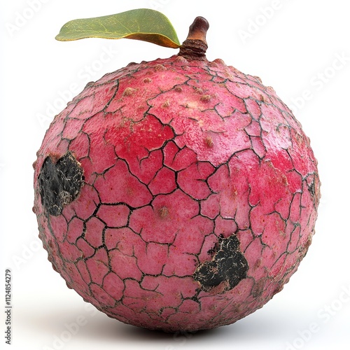 Detail of Moldy Overripe Lychee with Cracked Shell on White Background, Photorealistic Macro Shot photo