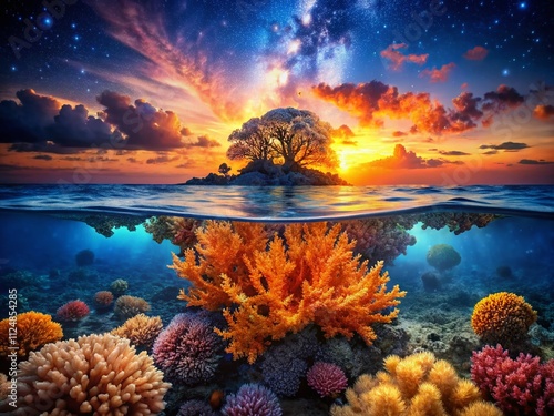 Captivating Double Exposure of Orange Coral Reef Glowing Underwater, Blending the Vibrant Ocean Life with a Mystical Twilight Scene for Nature Lovers photo