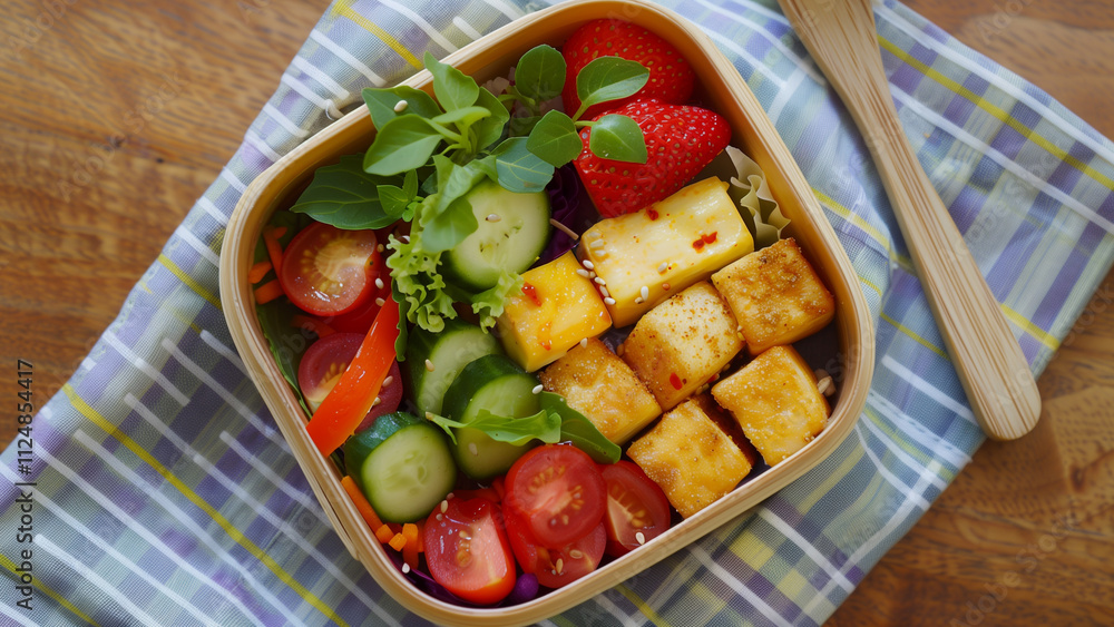 Healthy bento box filled with grilled tofu, fresh vegetables and strawberries Healthy bento box filled with grilled tofu, fresh vegetables and strawberries