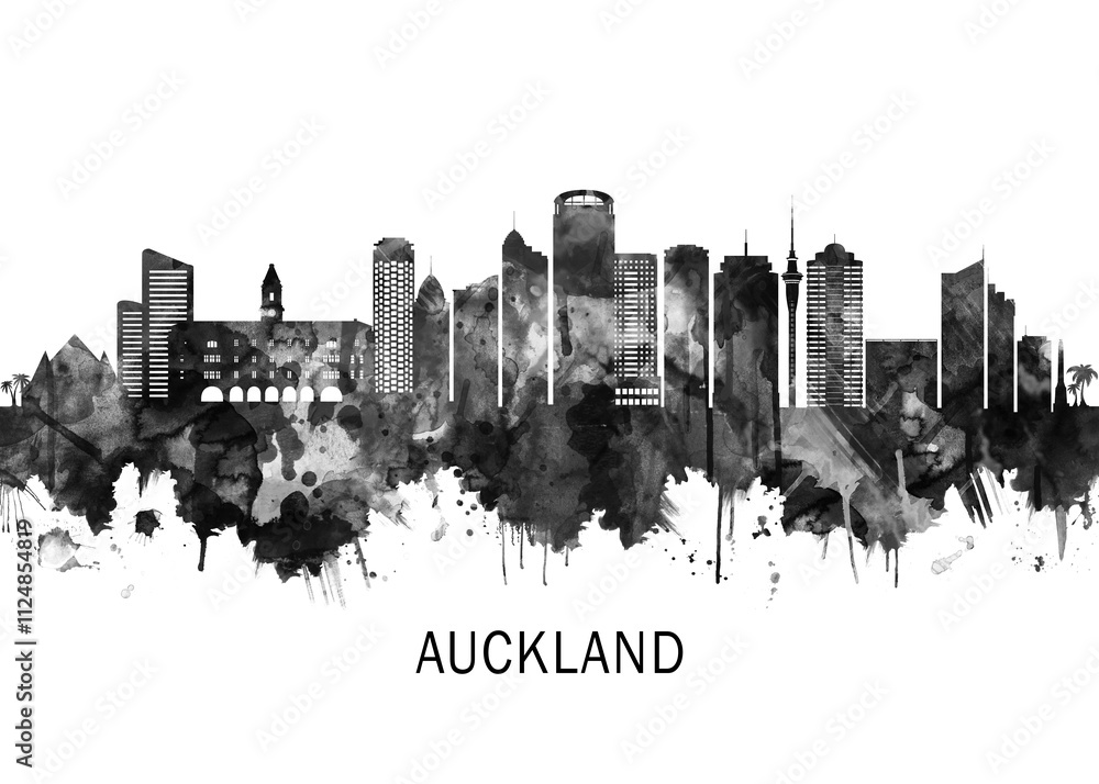 Obraz premium Auckland New Zealand Skyline BW, abstract painting travel poster urban landscape modern art downtown skyline illustration landmarks skyscrapers artwork architecture