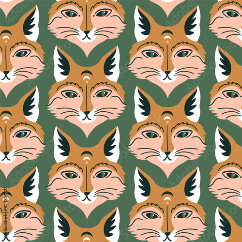 Vector mystical fox seamless pattern in green background. Wild fox boho endless texture. Red fox seamless pattern in hand-drawn style.