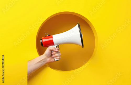 Hand holds a megaphone from a hole in the wall on a yellow background. Concept of hiring, advertising something. photo