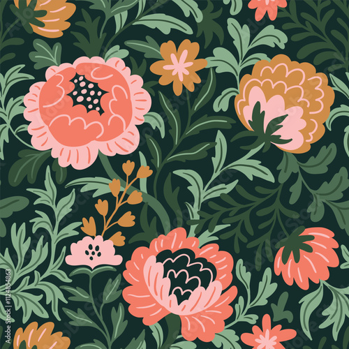 Vector decorative flowers seamless pattern in hand-drawn style. Vintage floral repeat texture for fabric, wallpaper or wrapping paper. Natural beautiful print design.