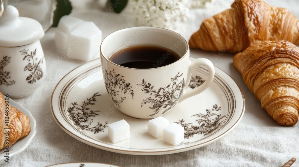 Elegant Breakfast Setting with Coffee and Croissants Elegant Breakfast Setting with Coffee and Croissants