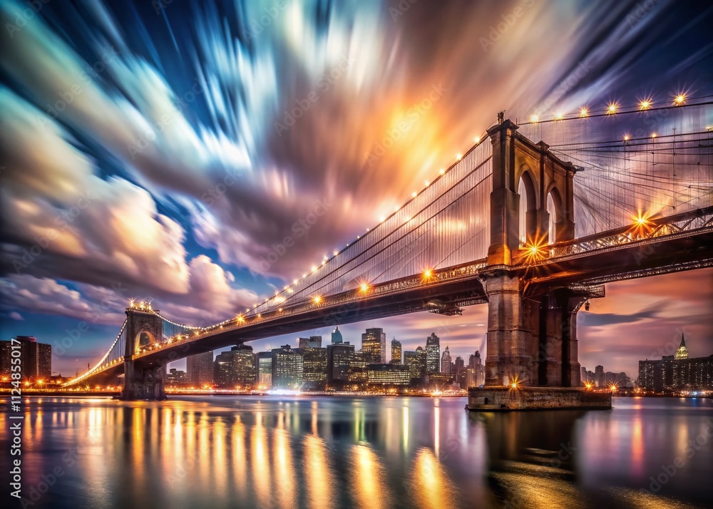 Obraz premium Captivating Double Exposure of the Brooklyn Bridge at Night with a Dreamy Blurred Sky for Stunning Visual Impact
