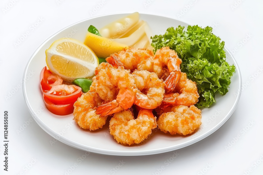 Crispy Fried Shrimp on White Plate with Lemon, Fresh Greens, Cherry Tomatoes, and a Touch of Tropical Fruit in a Bright, Clean Setting Crispy Fried Shrimp on White Plate with Lemon, Fresh Greens, Cherry Tomatoes, and a Touch of Tropical Fruit in a Bright, Clean Setting