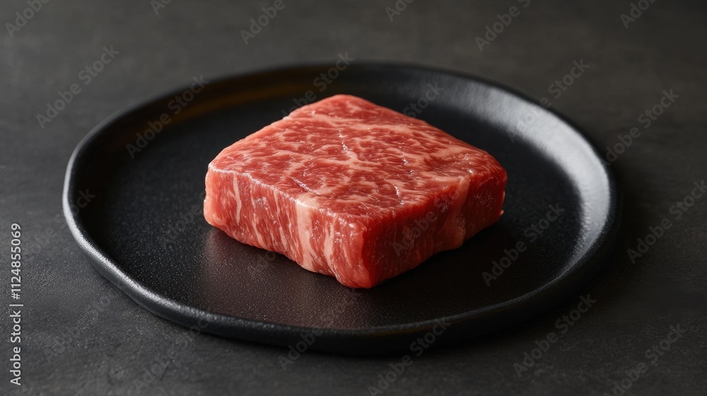 Elegant Wagyu Sushi Piece on Black Plate Elegant Wagyu Sushi Piece on Black Plate