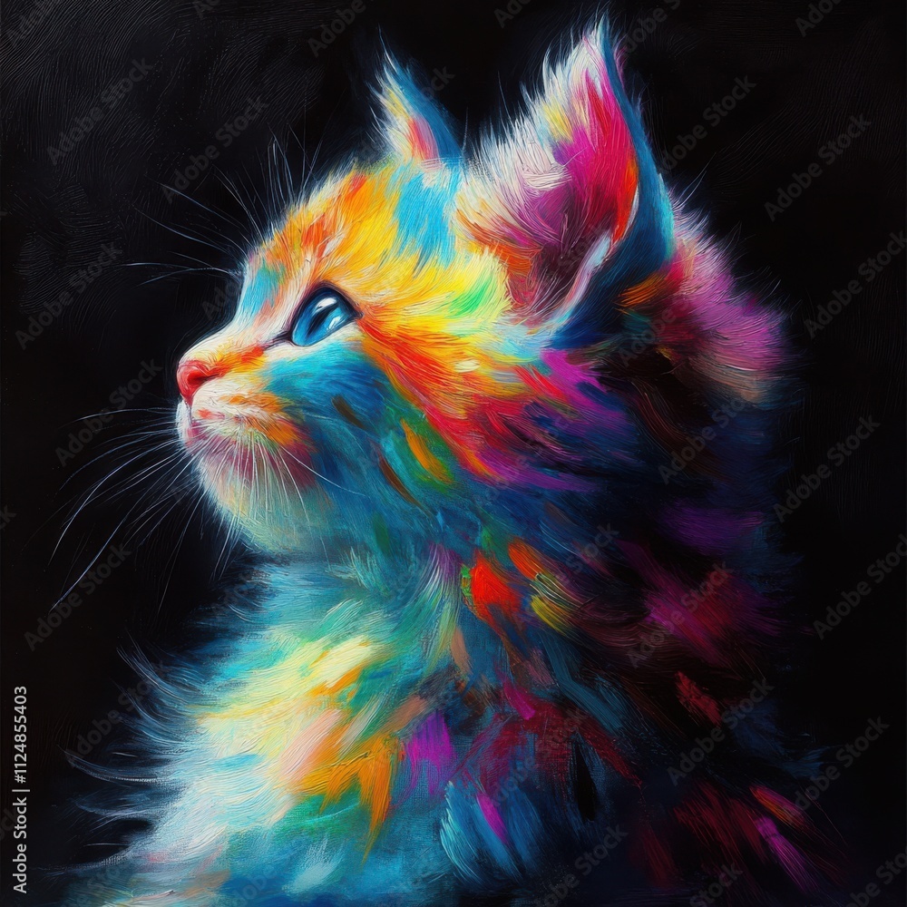 Fototapeta premium rainbow color cat on black background, colorful cat hairs seeing side view, cute white rainbow colored cat with cute face of cat, cat face portrait with rainbow colored illustration