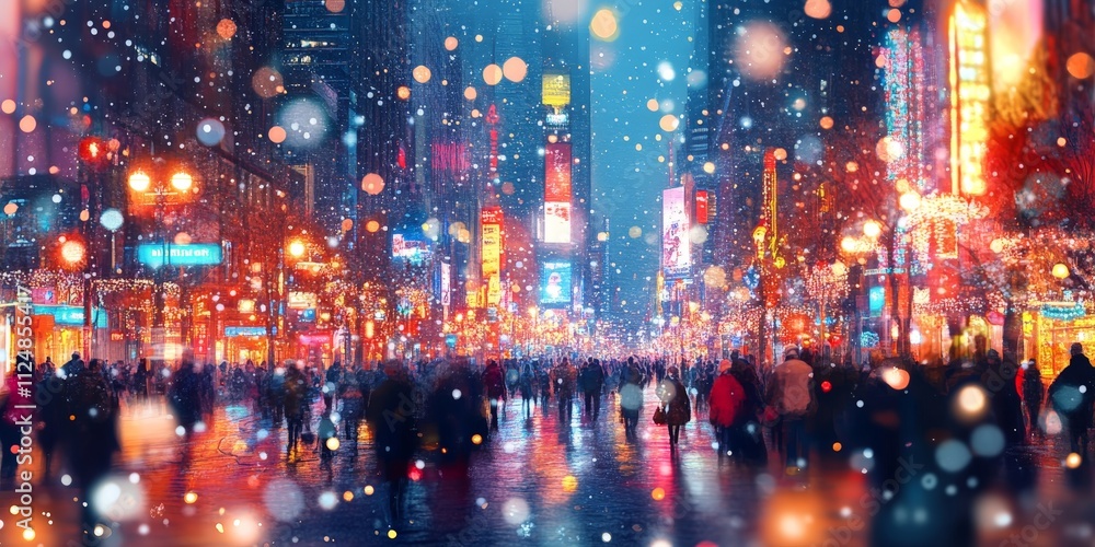 Fototapeta premium Vibrant city street with silhouettes and colorful light bokeh