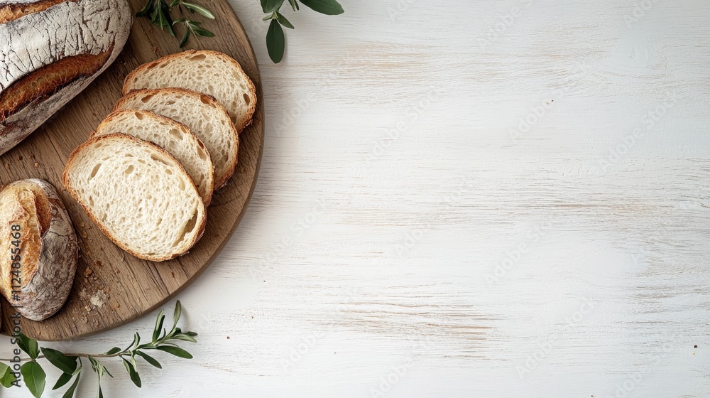 Freshly Sliced Rustic Bread on Wooden Board Freshly Sliced Rustic Bread on Wooden Board
