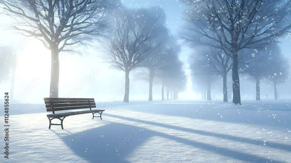 Solitary park bench surrounded by trees in snowy park during quiet snowfall creating serene winter ambiance. Outdoor serenity concept Solitary park bench surrounded by trees in snowy park during quiet snowfall creating serene winter ambiance. Outdoor serenity concept