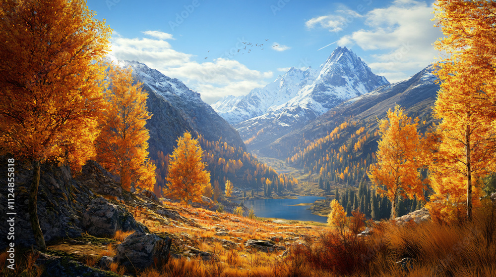 Autumn mountain scene with golden trees, rugged rocky peaks, and a distant alpine lake beneath clear skies. Autumn mountain scene with golden trees, rugged rocky peaks, and a distant alpine lake beneath clear skies.