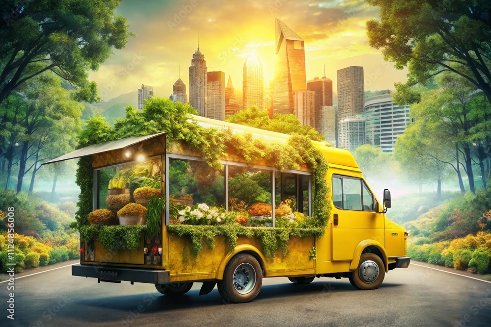 Obraz premium Captivating Double Exposure Photography Featuring a 3D Illustration of a Yellow Food Truck Surrounded by Nature and Urban Elements for a Unique Culinary Experience