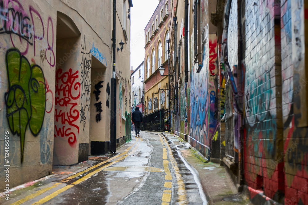 Fototapeta premium Graffiti Covered Buildings Painted By Street Artists On Small Street In Bristol UK