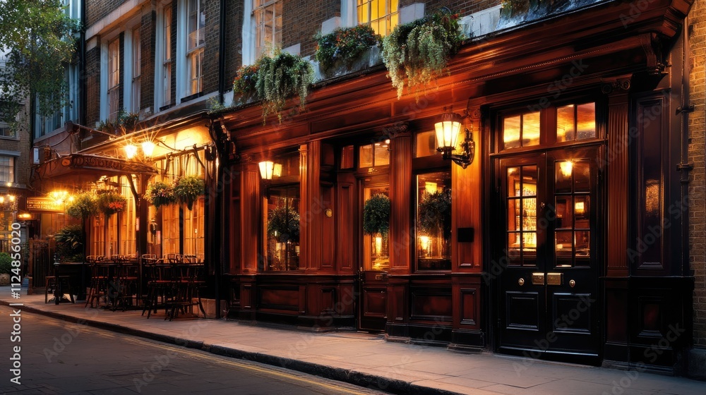 Naklejka premium An elegant pub facade with a traditional British design, inviting people to explore its historic charm.