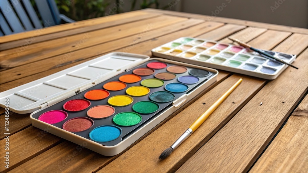 Naklejka premium Colorful Paint Palette on Wooden Table, colors, painting materials