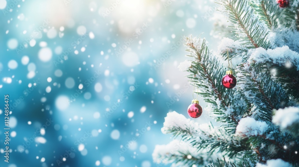 Snowy Christmas Tree Branches Decorated With Red Berries and Pine Cones in Winter Landscape Snowy Christmas Tree Branches Decorated With Red Berries and Pine Cones in Winter Landscape