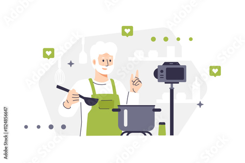 Male character in apron cooking soup according to recipe. Vector illustration of elderly bearded chef recording cooking process on camera. Man in home environment preparing food. Kitchen background