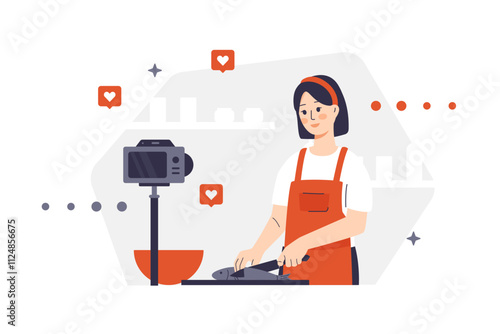 A female character in an apron cooks fish in the kitchen. The girl records the cooking process for her followers on a camera mounted on a tripod. Shelves with kitchen utensils and social media icons.