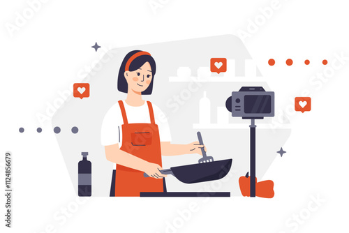 A female character in an apron cooks in the kitchen. The girl records the cooking process for her subscribers on a camera mounted on a tripod. Shelves with kitchen utensils and social media icons.