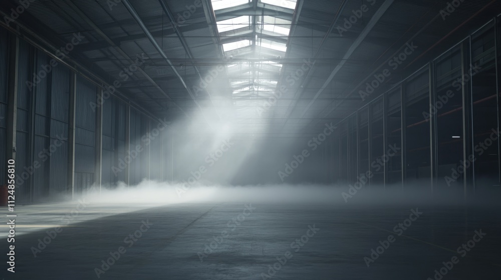 An empty warehouse with fog coming out of the ceiling An empty warehouse with fog coming out of the ceiling