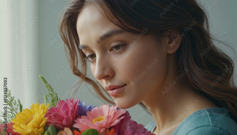 Fototapeta premium Young woman with a thoughtful expression holding a bouquet of colorful flowers against a soft background