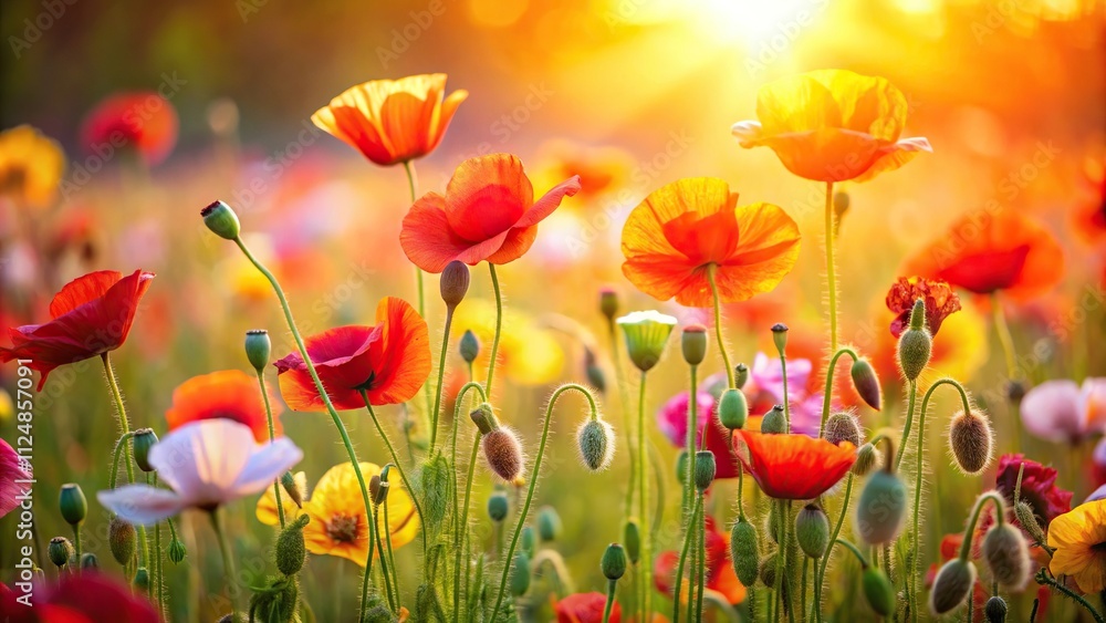 Naklejka premium Colorful poppy flowers blooming in a field with soft golden light, outdoors, bloom, field