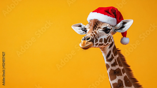 Giraffe in Santa hat on bright yellow studio background