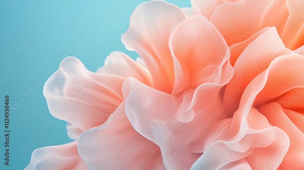 Fototapeta premium an ethereal blend of coral pink and soft peach abstract blooming shape, isolated on a blue background,