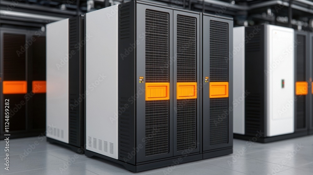 High-Tech Data Center with Modern Servers and Bright Orange Accents in a Server Room High-Tech Data Center with Modern Servers and Bright Orange Accents in a Server Room