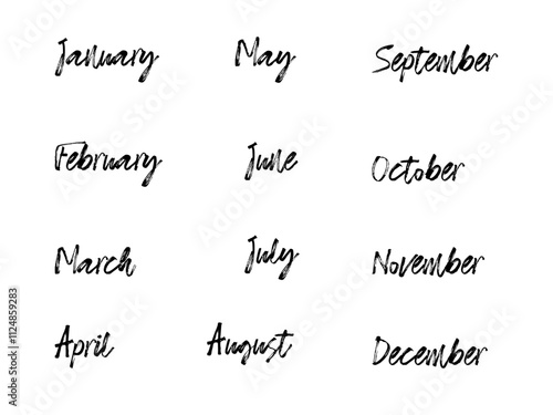 Month names cursive typography set. Handwritten calligraphic outline script collection of calendar months of the year