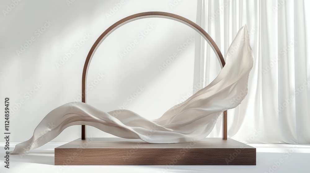 3D podium display with brown wood frame and flying silk, ideal for luxury feminine mockups. 3D podium display with brown wood frame and flying silk, ideal for luxury feminine mockups.