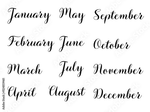 Month names cursive typography set. Handwritten calligraphic outline script collection of calendar months of the year