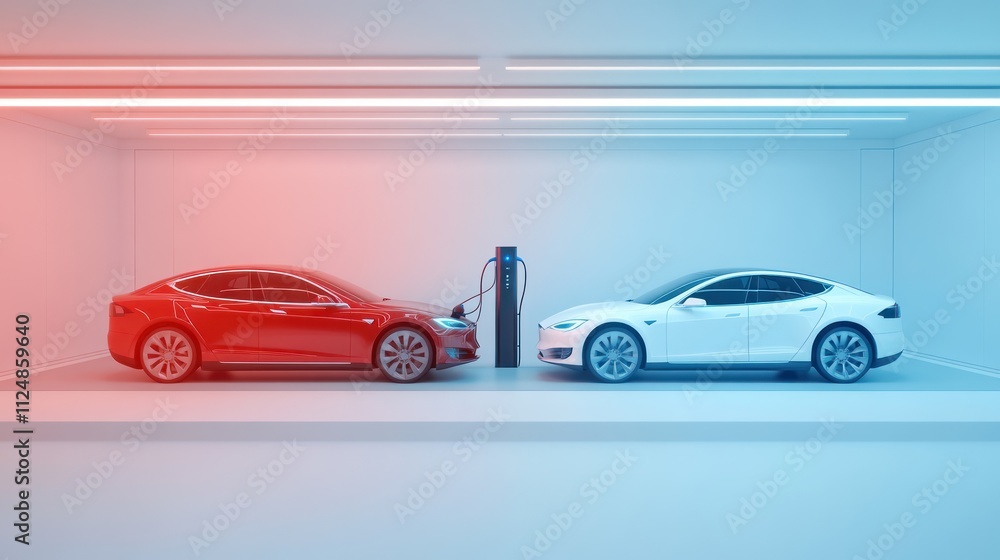 AN electric vs hydrogen car mechanics, placed in a minimalist futuristic environment AN electric vs hydrogen car mechanics, placed in a minimalist futuristic environment