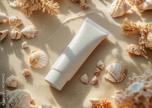 Mockup of cosmetic tube sunscreen spf cream 50ml lying on the sand surrounded by conch sea. Flat lay photo