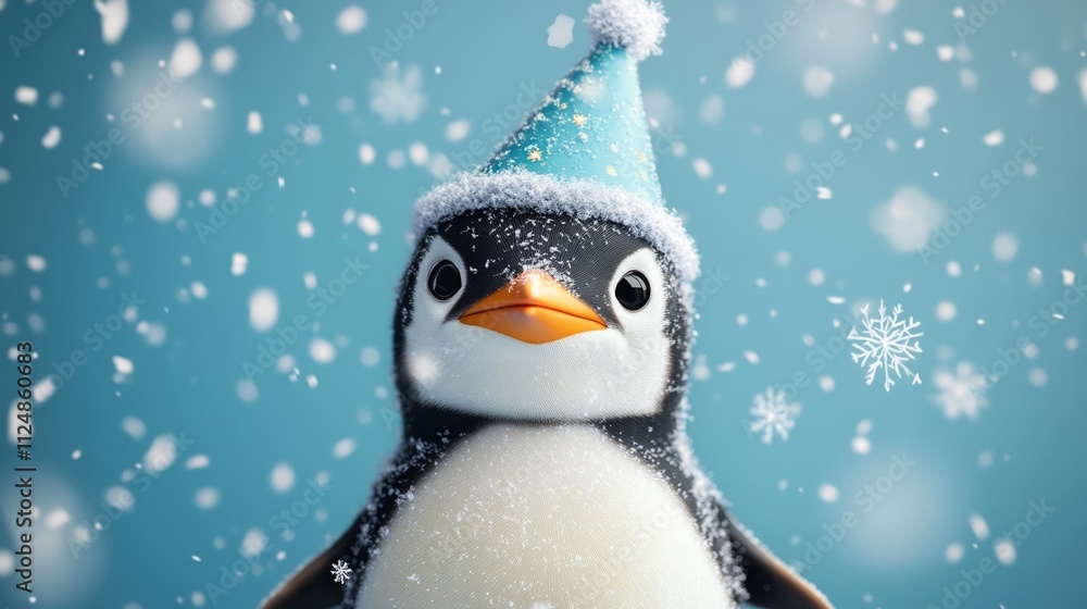 Joyful Penguin in Party Hat Surrounded by Snow and Sparkling Bokeh Lights for Adorable and Festive Winter Scene Joyful Penguin in Party Hat Surrounded by Snow and Sparkling Bokeh Lights for Adorable and Festive Winter Scene