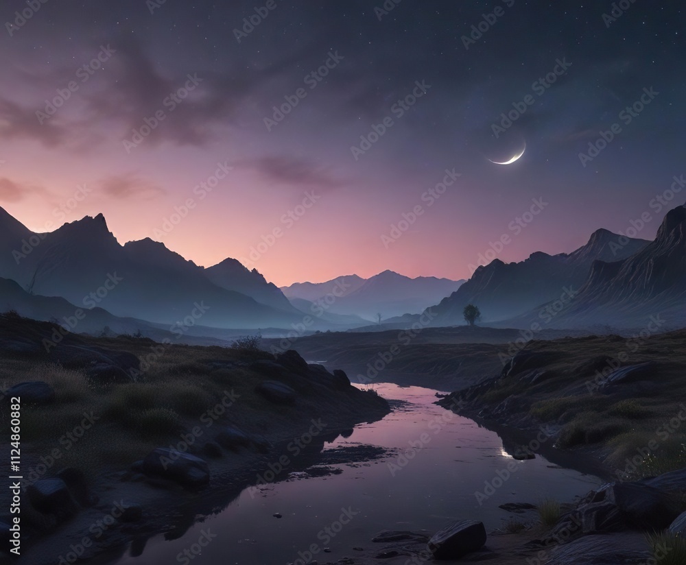 Fototapeta premium Dusk landscape with a crescent moon and a glow-in-the-dark atmosphere, crescent moon, natural, night sky