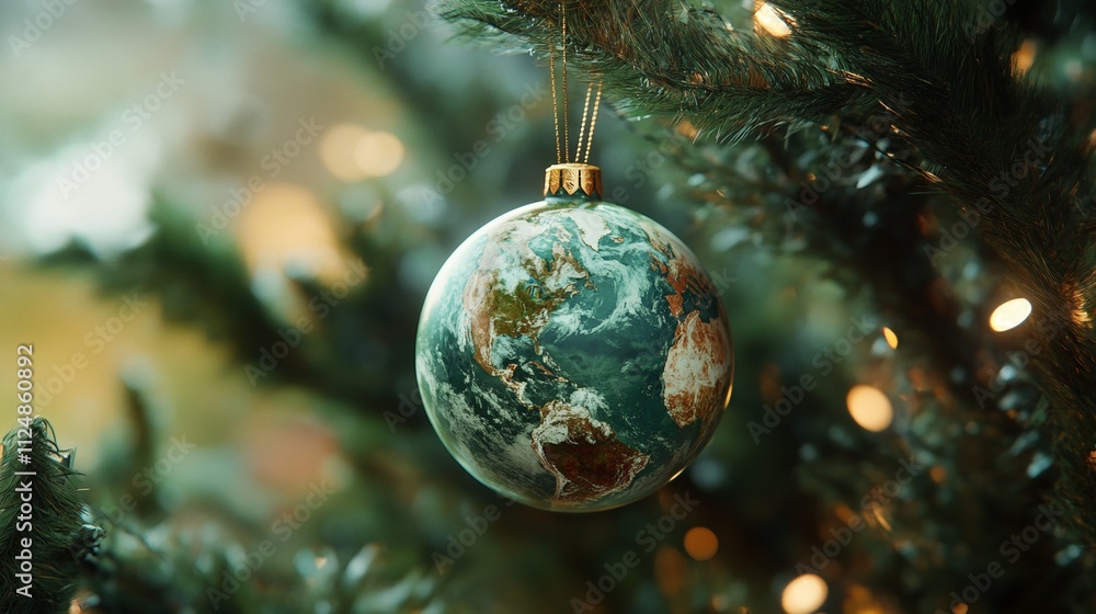 A Globe Ornament Hanging from Christmas Tree Branch Against Golden Glow Creating a Festive and Elegant Scene