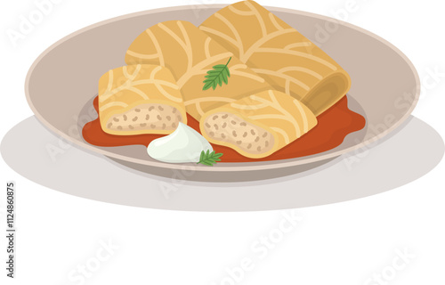 Plate of Ukrainian traditional dish with stuffed cabbage rolls and sour cream. Flat illustration with tasty national food holubtsi