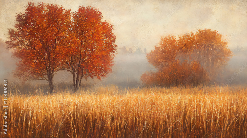 Fototapeta premium Autumn trees partially obscured by fog in a field of tall grasses.