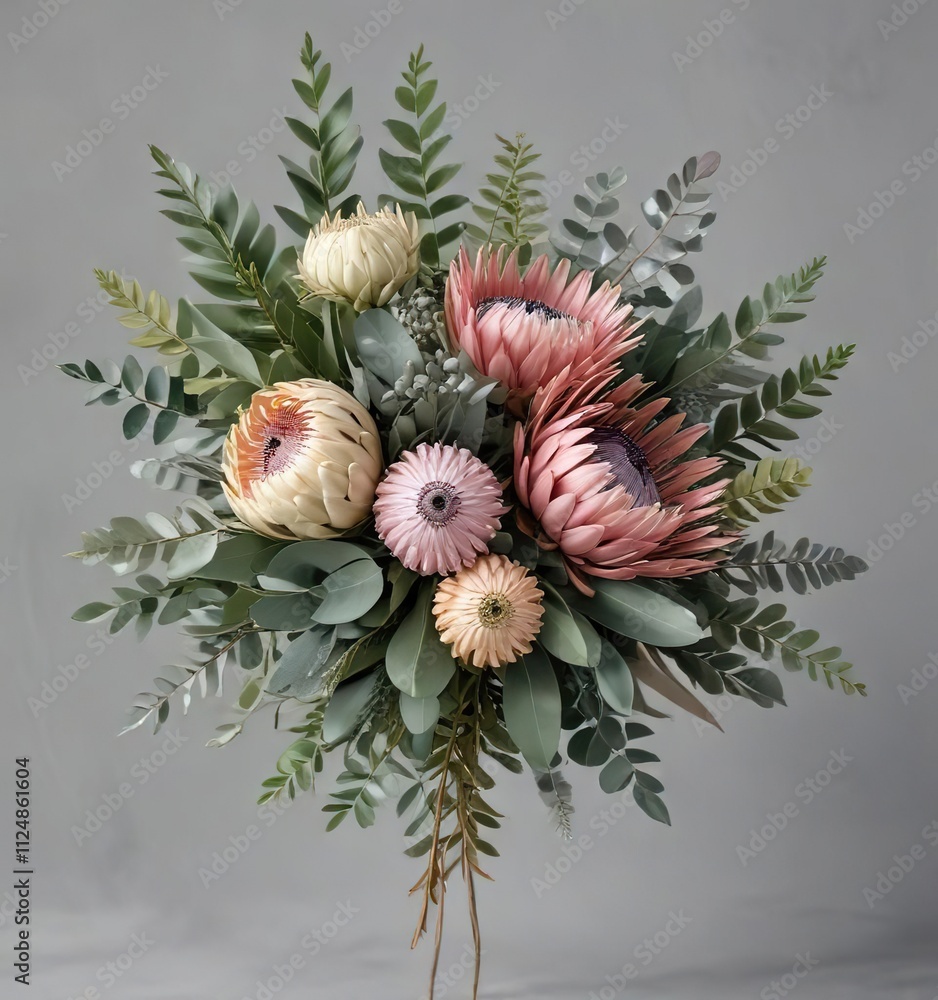 Fototapeta premium Eucalyptus and Protea Floral Bouquet on a Grey Background, white rose flowers, floral arrangement, greenery