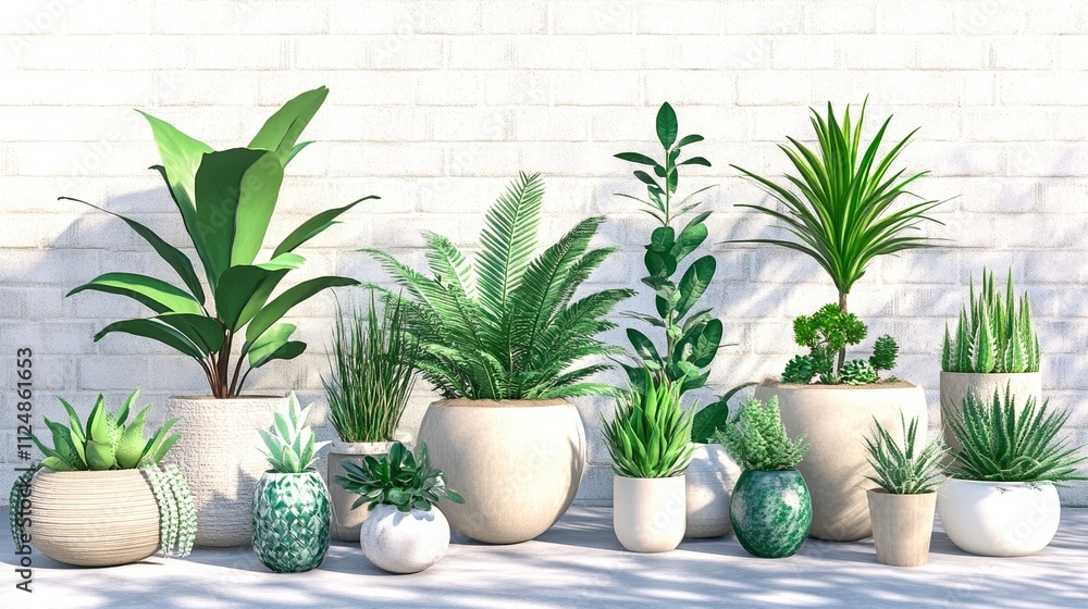 Fototapeta premium Green Potted Plants Displayed on Modern Wooden Shelves in Sunlit Urban Interior With Minimalist Design and Fresh Natural Aesthetic