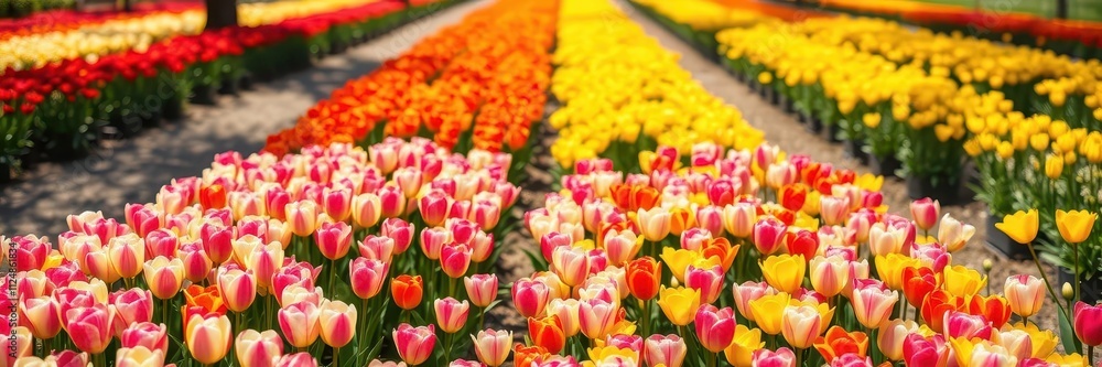 Obraz premium A beautiful row of vibrant yellow tulips in full bloom stretching out in a line, line, sunlight