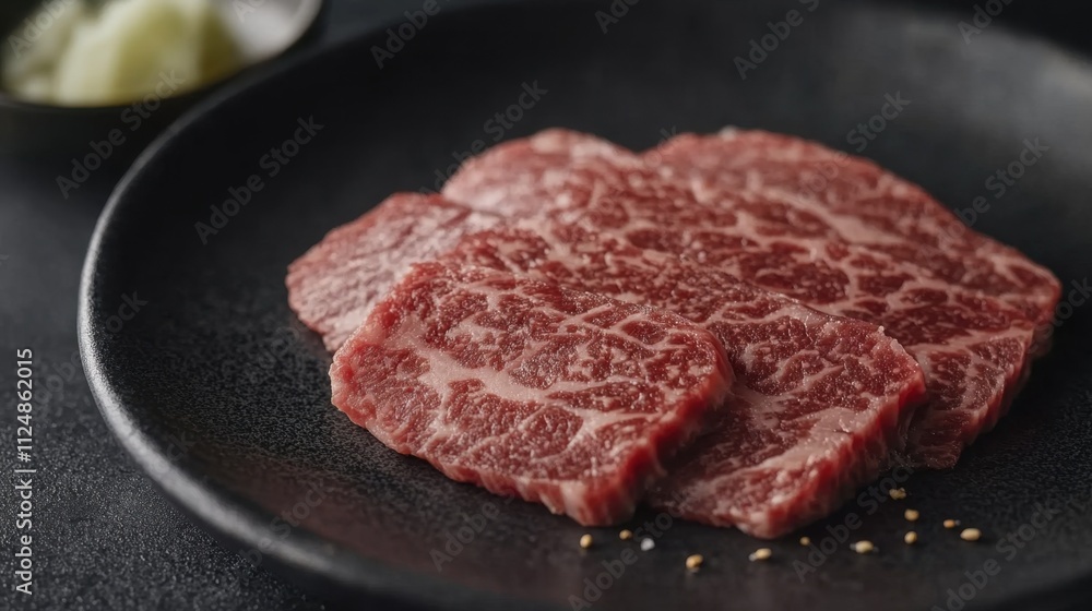 Thinly Sliced Wagyu Beef for Sushi Preparation Thinly Sliced Wagyu Beef for Sushi Preparation