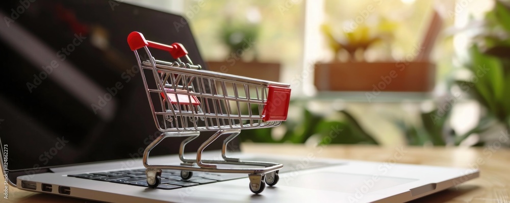 Small shopping cart on a laptop keyboard. Concepts about online shopping that consumers can buy things directly from their home or office just using a few clicks via web browser.