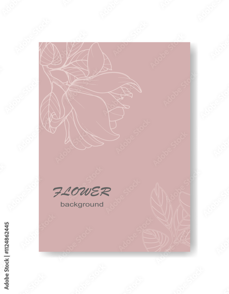 Vector background with magnolia flower and leaves made of thin lines on pink background. Suitable for design of invitations, cards, posters, covers, packaging . Vector background with magnolia flower and leaves made of thin lines on pink background. Suitable for design of invitations, cards, posters, covers, packaging .